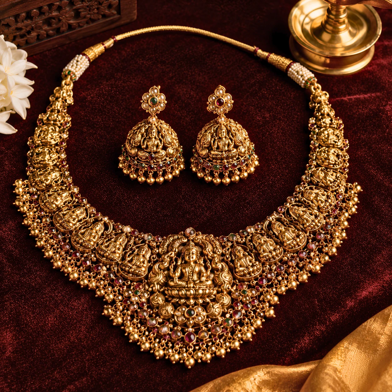 Temple jewellery necklace with traditional goddess motif, Solitaire Boutique Kanpur